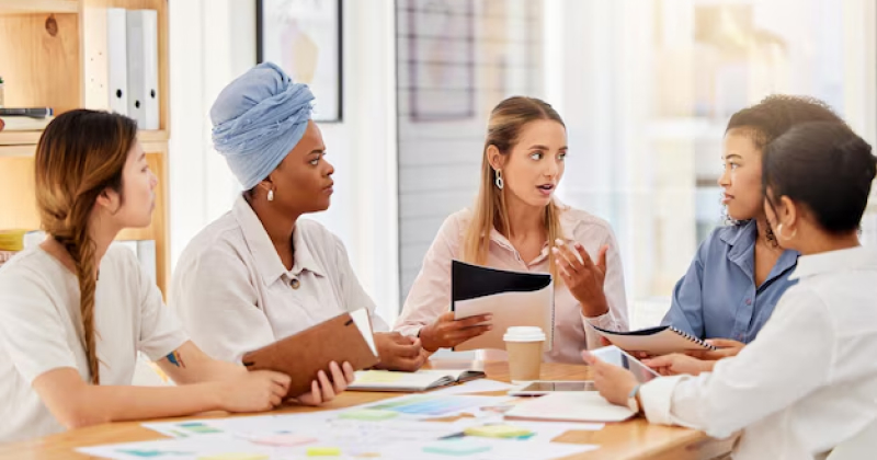 team members having a meeting at work