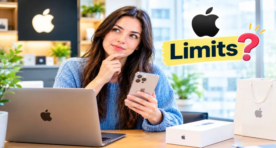 a woman in an Apple store holding an iPhone