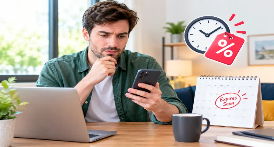 a man looking at his phone with a calendar showing an expiration date of a discount