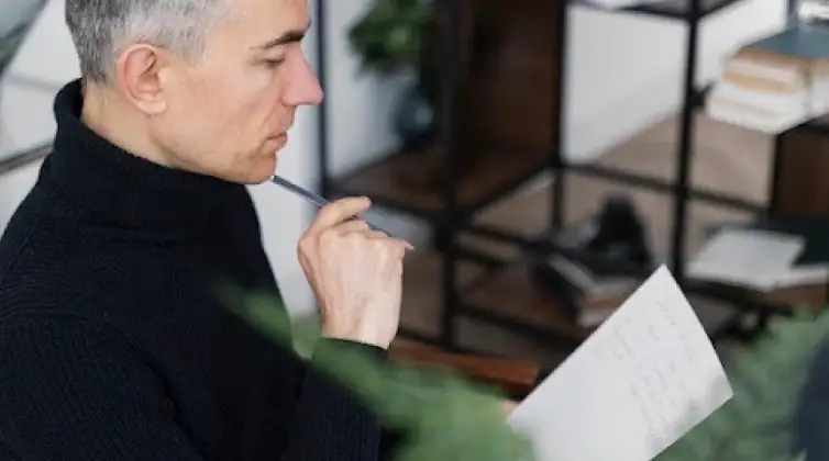 a man thinking before writing