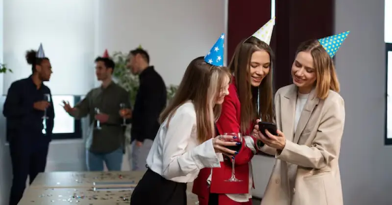 some co-workers chatting at office party