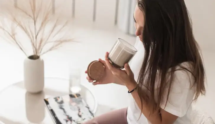 a person smelling a Soy Wax Tin Candle