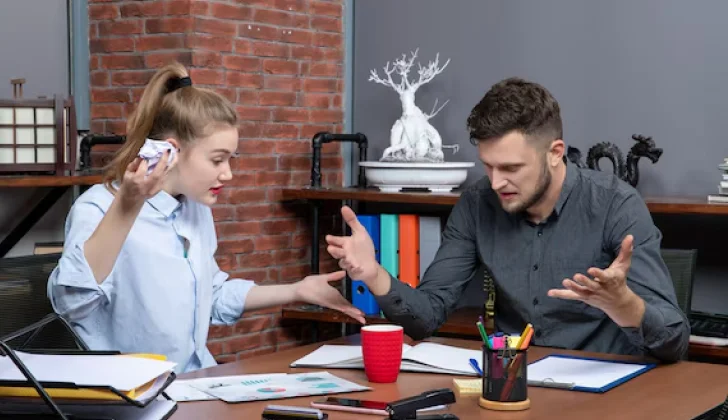 two employees discussing a conflict at work