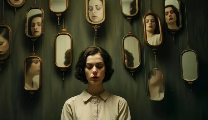 multiple reflections of a girl on mirrors