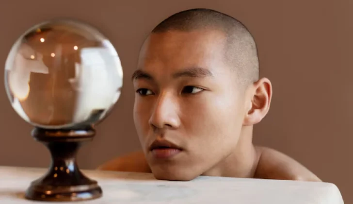 a guy staring at a circle globe