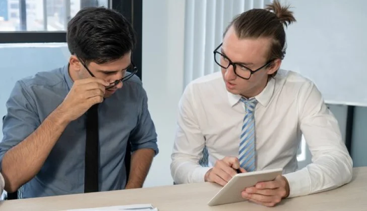 two employees analyzing work performance