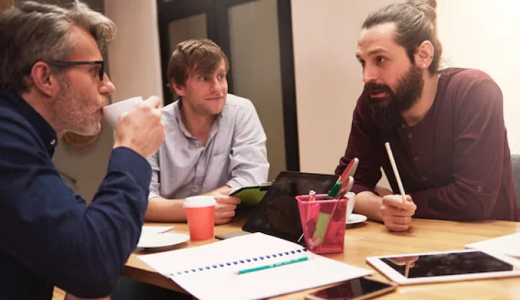 a group of employees talking