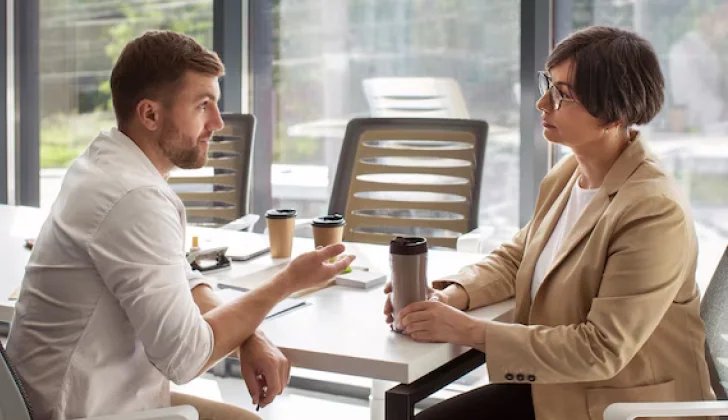 two employees having a conversation