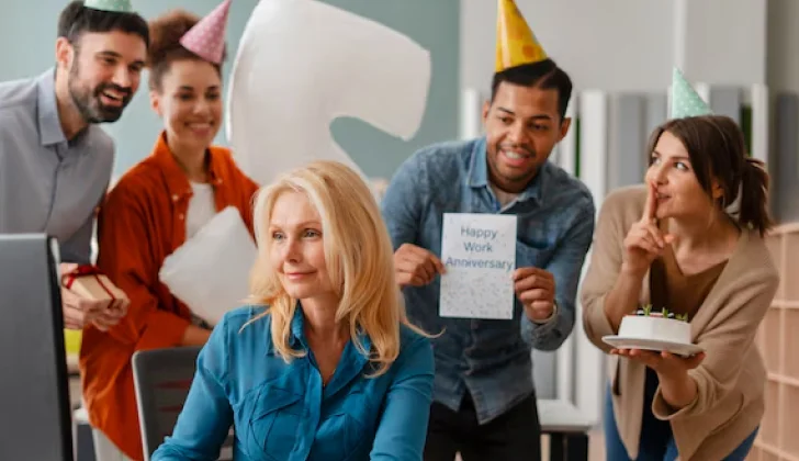 some co-workers congratulating their team member for birthday