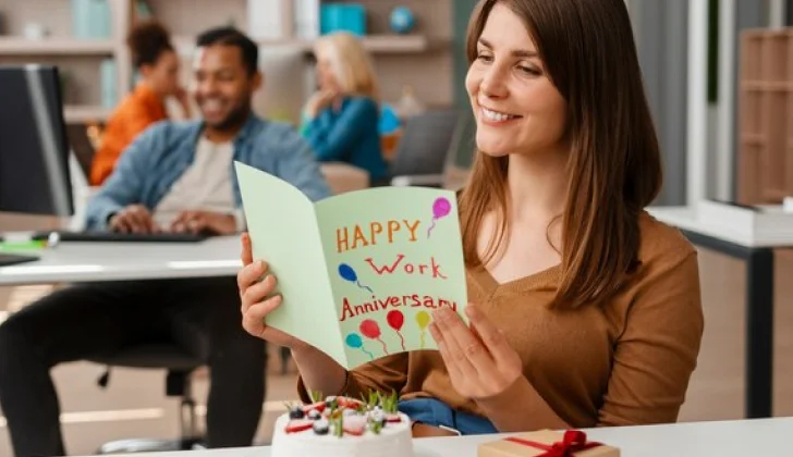 an employee reading a work anniversary quote