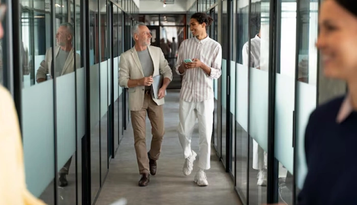 two employees walking in the office 
