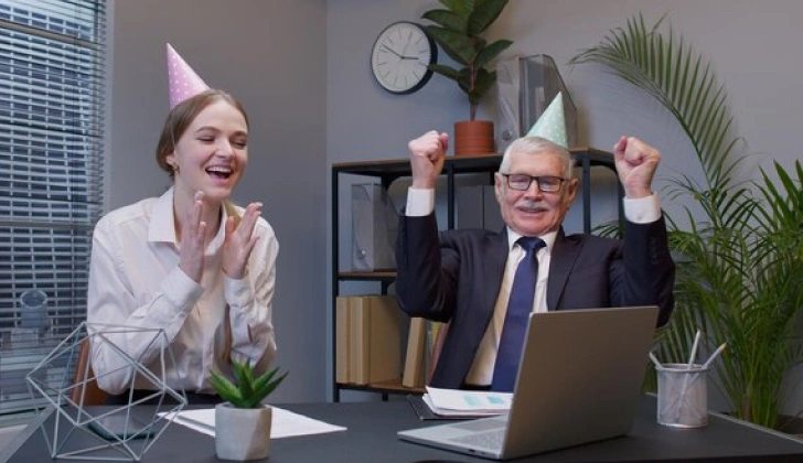 two employees feeling excited at work