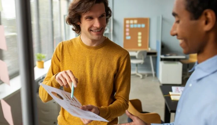 an employee explaining a project result to the manager