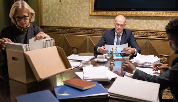 a group of jury checking files