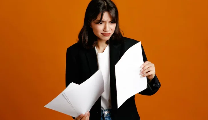a concerned woman holding some legal papers