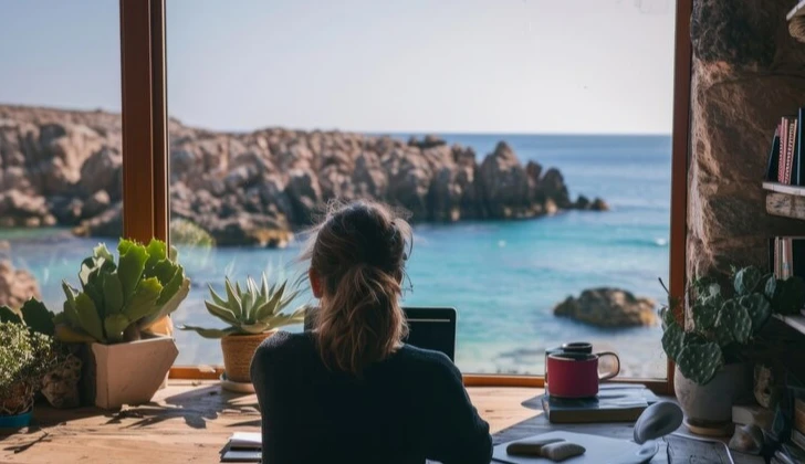 an employee working from a nice view