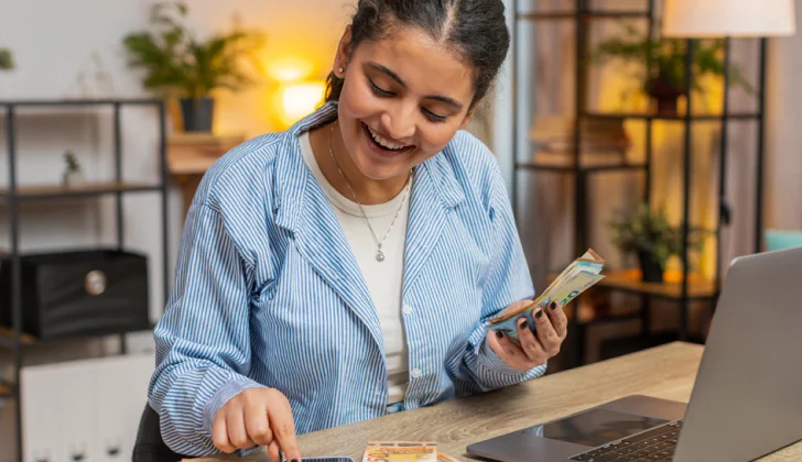a happy girl counting her money