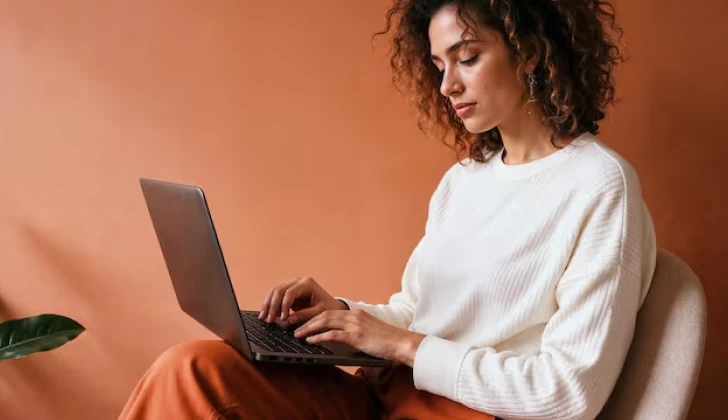 an employee typing behind laptop