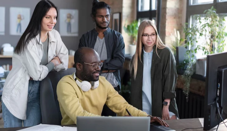 a group of employees at work