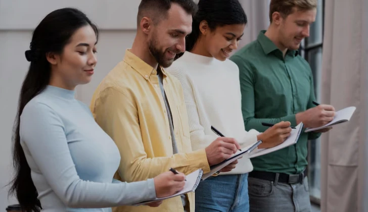 employees answering surveys together