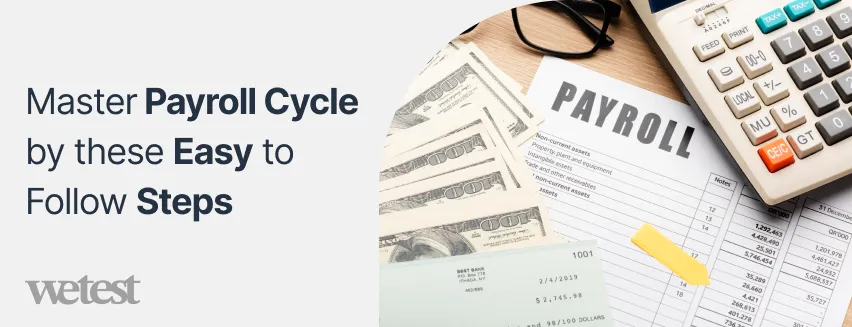 A desk with a calculator, money and a payroll sheet on it
