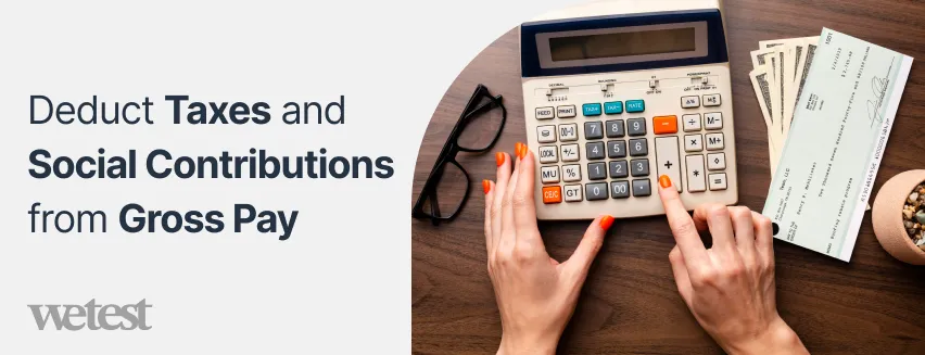 A female hand using a calculator with money and a pair of glasses beside it