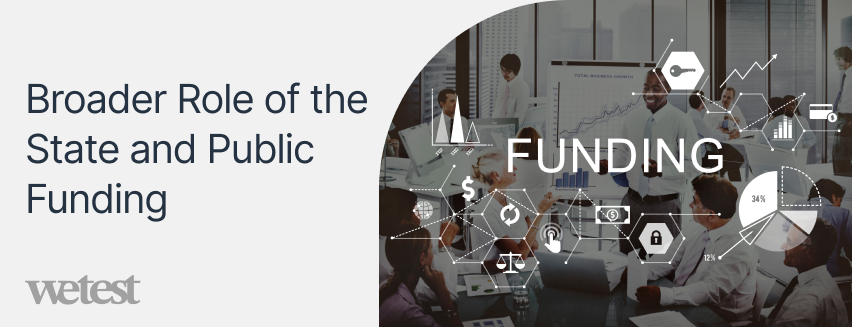 A busy office with the word "Funding" and many related elements like infographics, dollar sign etc. besides it