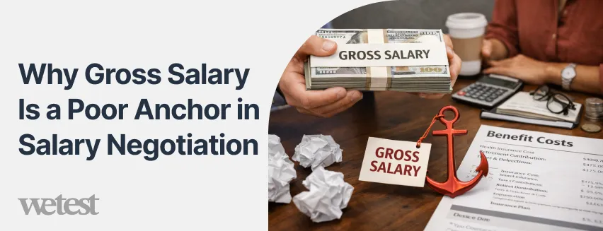 A hand holding an stack of money with "Gross Salary" written on it
