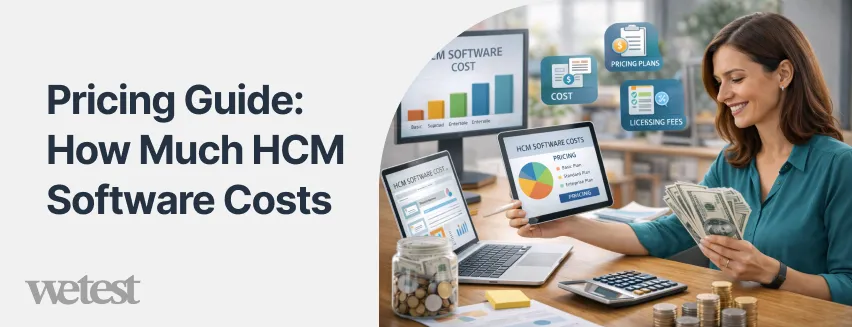 A woman looking at costs and details of HCM softwares