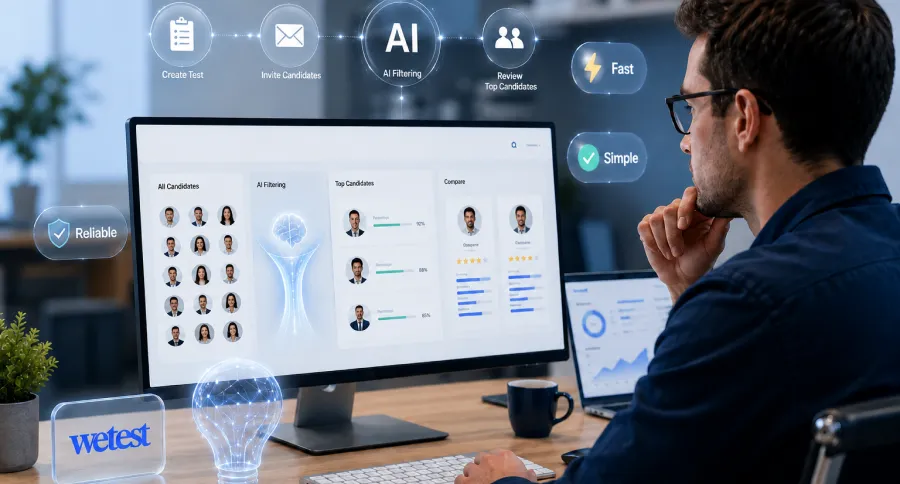 A man sitting at a desk checking out candidates on WeTest