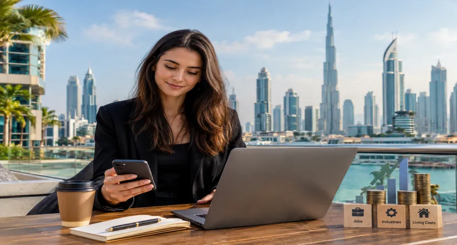a woman in a cafe with Dubai skyline in the background, working on a laptop